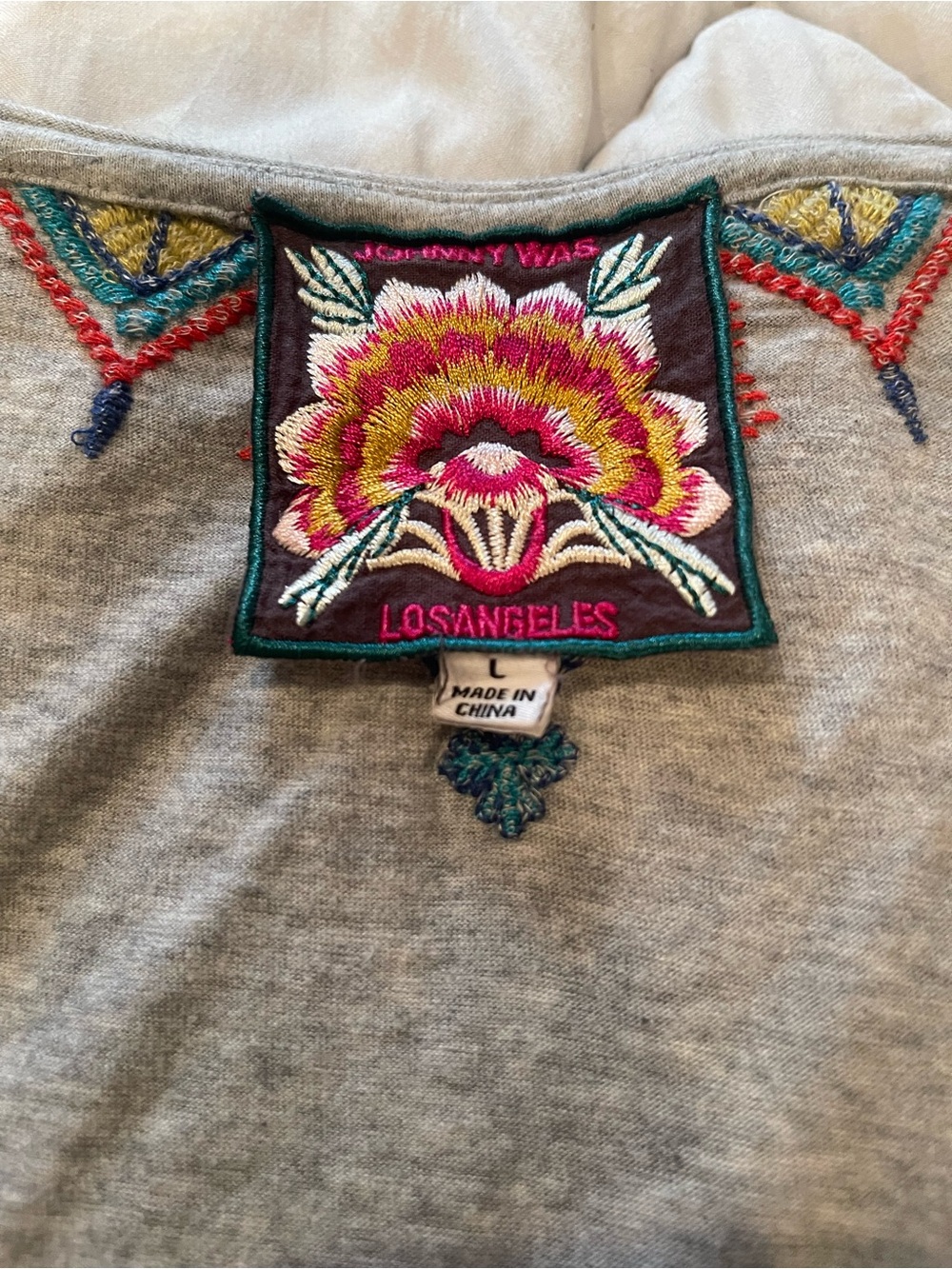 Johnny Was Gray Tee with Multicolor Embroidered Tribal V-Neck - Picture 2 of 6